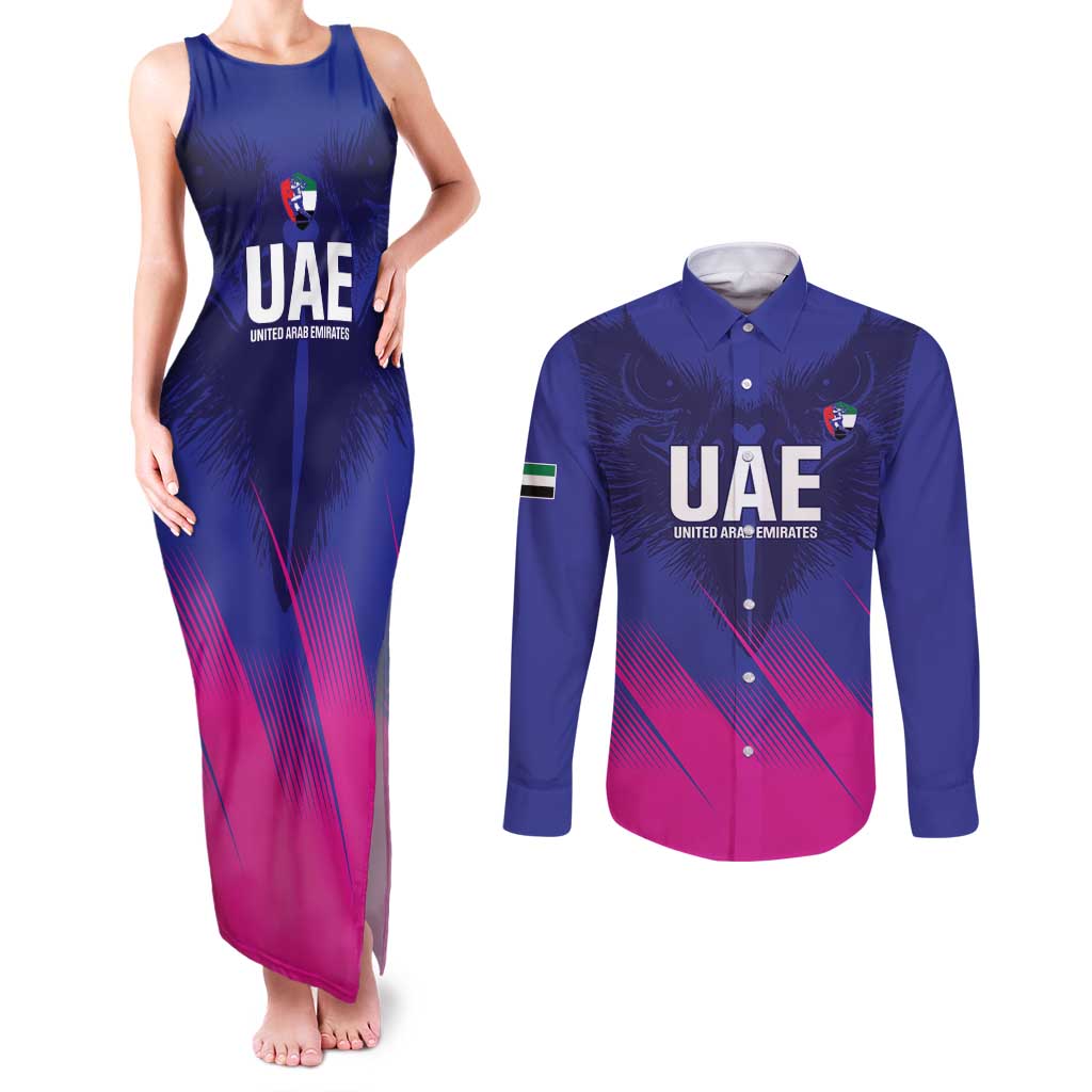 Custom UAE Cricket Couples Matching Tank Maxi Dress and Long Sleeve Button Shirt Go Champions United Arab Emirates Falcon - Wonder Print Shop