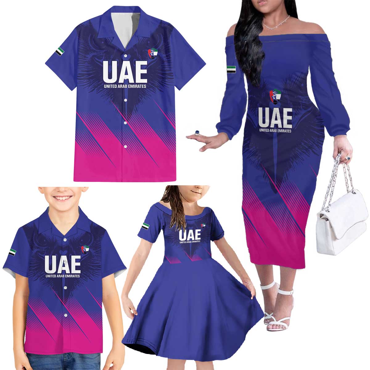 Custom UAE Cricket Family Matching Off The Shoulder Long Sleeve Dress and Hawaiian Shirt Go Champions United Arab Emirates Falcon - Wonder Print Shop