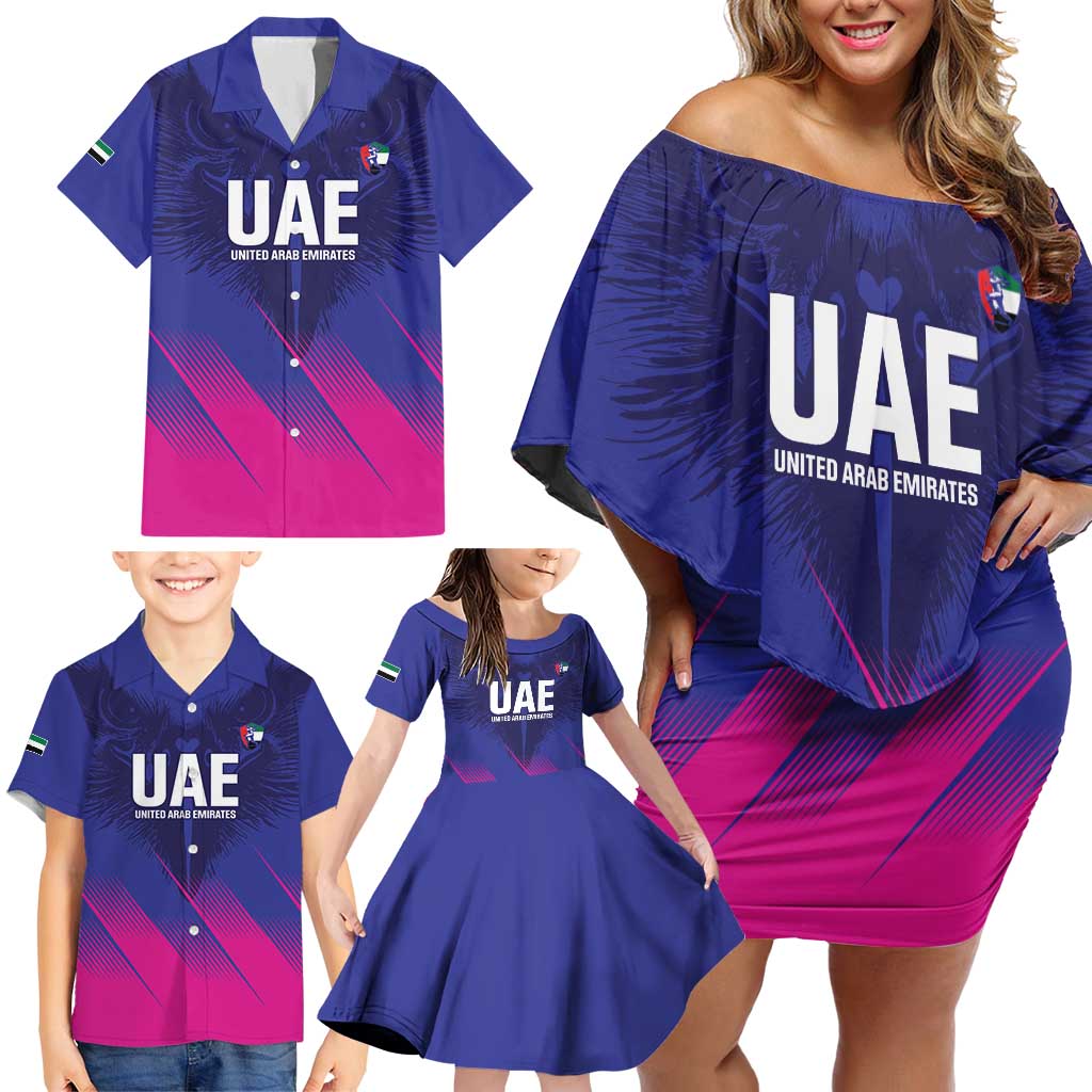 Custom UAE Cricket Family Matching Off Shoulder Short Dress and Hawaiian Shirt Go Champions United Arab Emirates Falcon - Wonder Print Shop