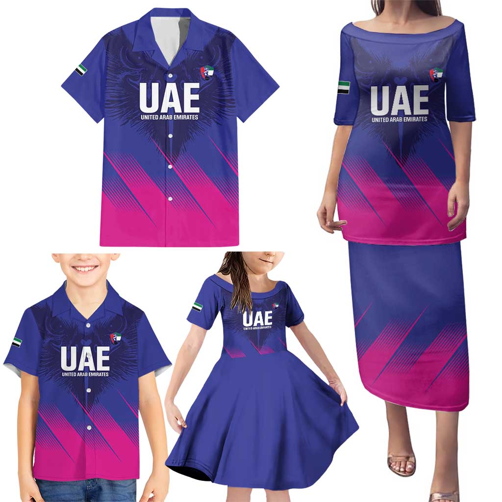 Custom UAE Cricket Family Matching Puletasi and Hawaiian Shirt Go Champions United Arab Emirates Falcon - Wonder Print Shop