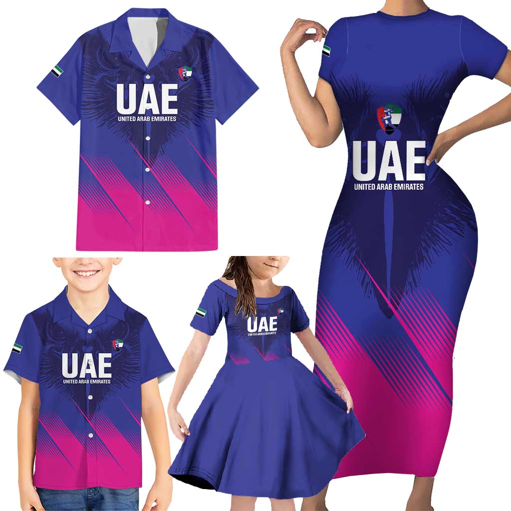 Custom UAE Cricket Family Matching Short Sleeve Bodycon Dress and Hawaiian Shirt Go Champions United Arab Emirates Falcon - Wonder Print Shop