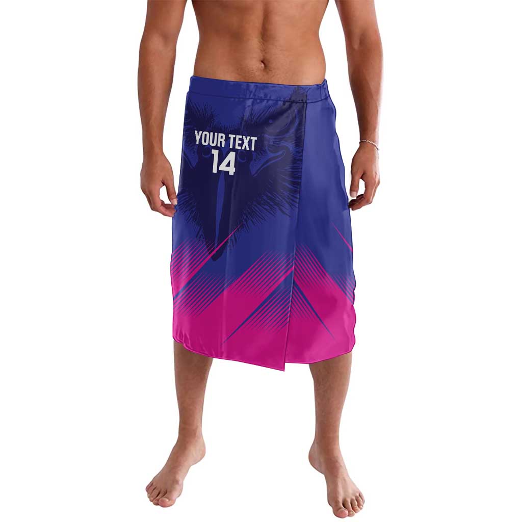 Men's blue cricket shorts with pink gradient, elastic waistband, printed text and No. 14.