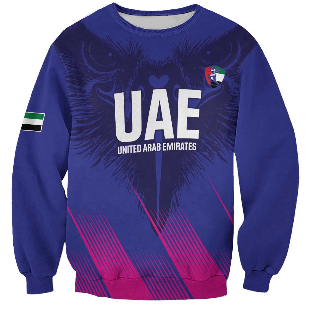 Unisex blue cricket sweatshirt with UAE and UNITED ARAB EMIRATES graphic, crew neck