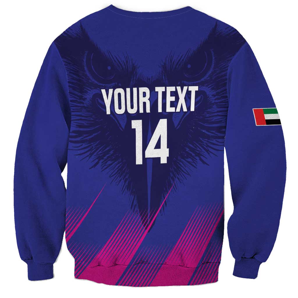 Unisex blue cricket sweatshirt back with YOUR TEXT 14, UAE flag patch on sleeve