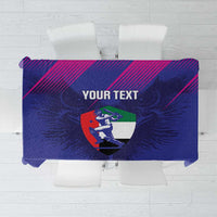 Blue tablecloth with bold diagonal stripes and crest graphic reading “YOUR TEXT.”