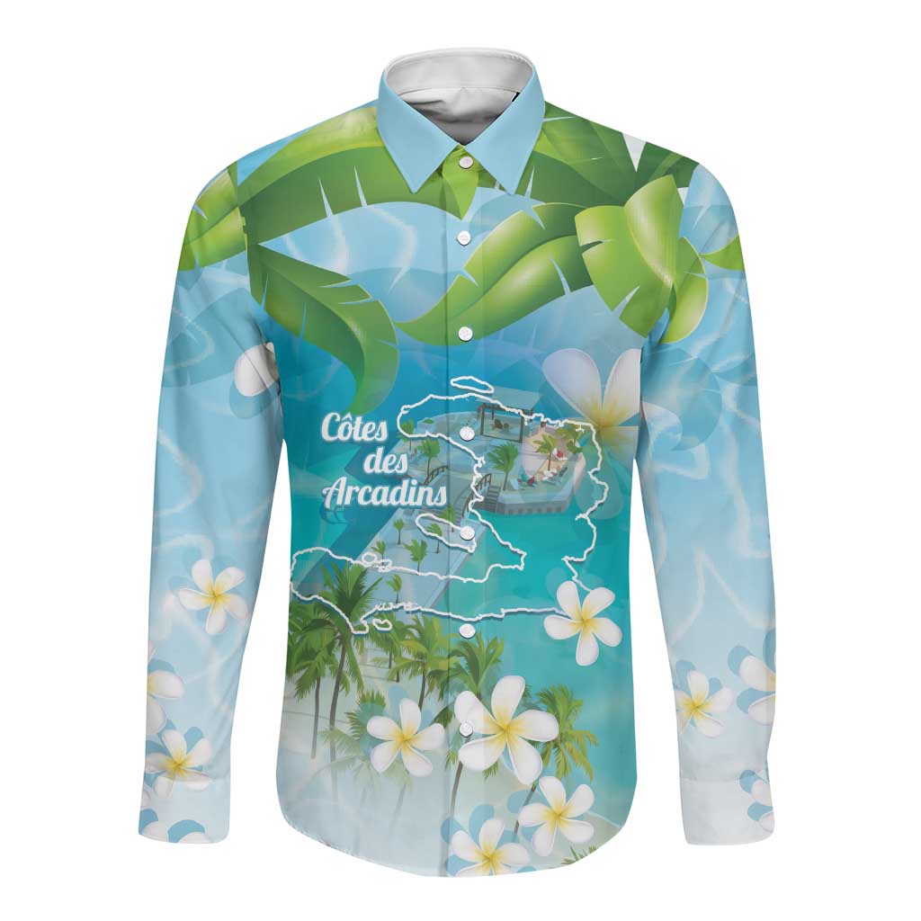 Afro Haiti Cotes des Arcadins Long Sleeve Button Shirt Ayiti Map With Royal Palm Plumeria - Wonder Print Shop