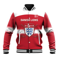 Red hooded varsity baseball jacket with striped cuffs and front Danish Lions crest