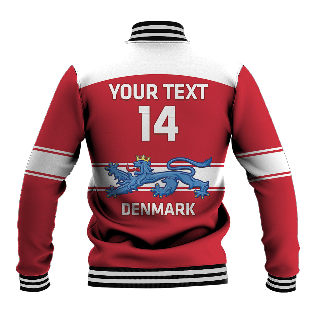 Red hooded jacket with ribbed hem, striped sleeves, back graphic with 14 and Denmark