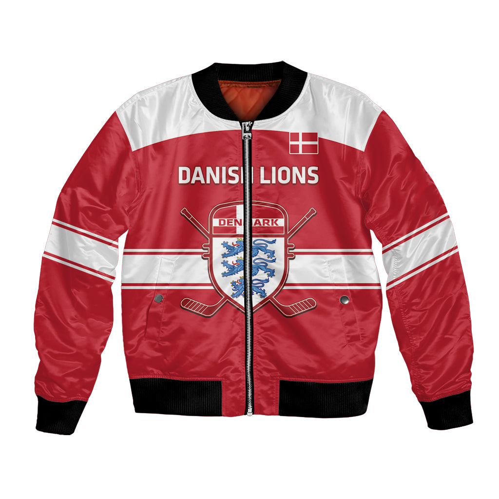 Red hockey bomber jacket, full-zip front, white stripes, Lions crest and chest text.