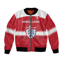 Red hockey bomber jacket, full-zip front, white stripes, Lions crest and chest text.