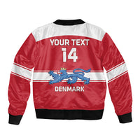 Red hockey bomber jacket back, number 14, Denmark text, blue lion graphic, ribbed hem.