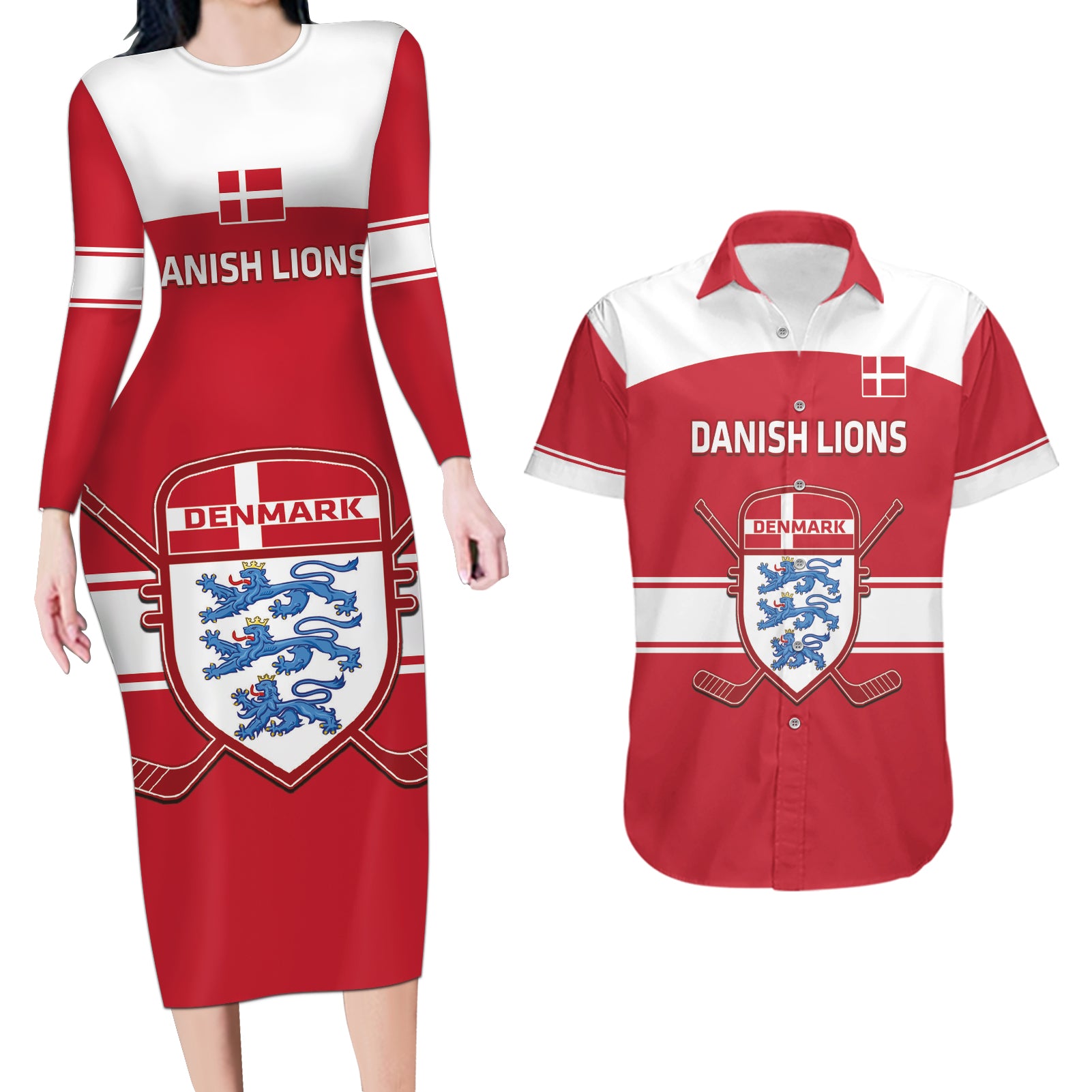 Custom Denmark Hockey Couples Matching Long Sleeve Bodycon Dress and Hawaiian Shirt Go Danish Lions - Wonder Print Shop