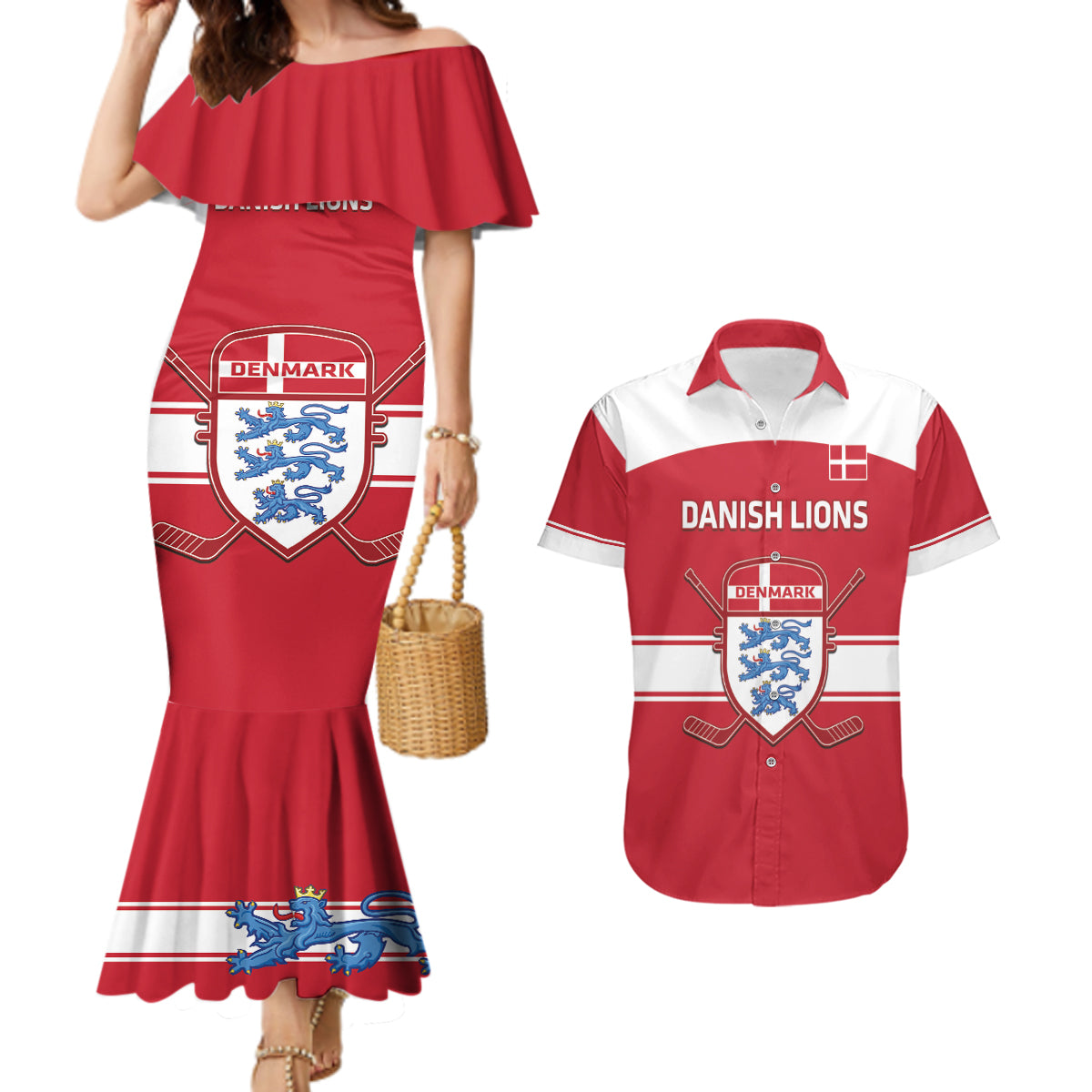 Custom Denmark Hockey Couples Matching Mermaid Dress and Hawaiian Shirt Go Danish Lions - Wonder Print Shop