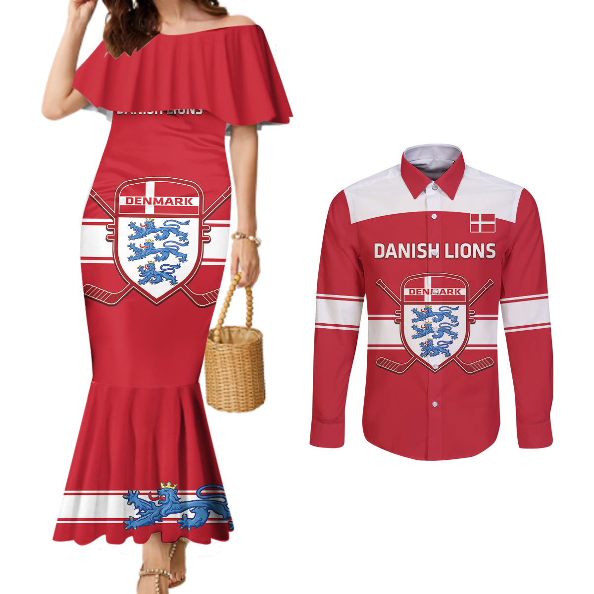 Custom Denmark Hockey Couples Matching Mermaid Dress and Long Sleeve Button Shirt Go Danish Lions