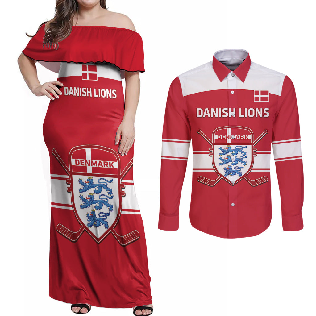 Custom Denmark Hockey Couples Matching Off Shoulder Maxi Dress and Long Sleeve Button Shirt Go Danish Lions - Wonder Print Shop