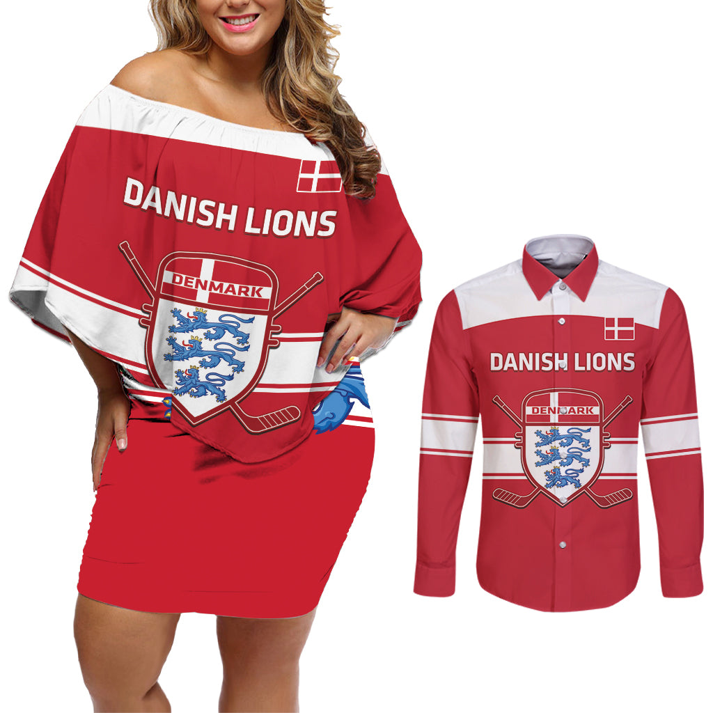 Custom Denmark Hockey Couples Matching Off Shoulder Short Dress and Long Sleeve Button Shirt Go Danish Lions - Wonder Print Shop