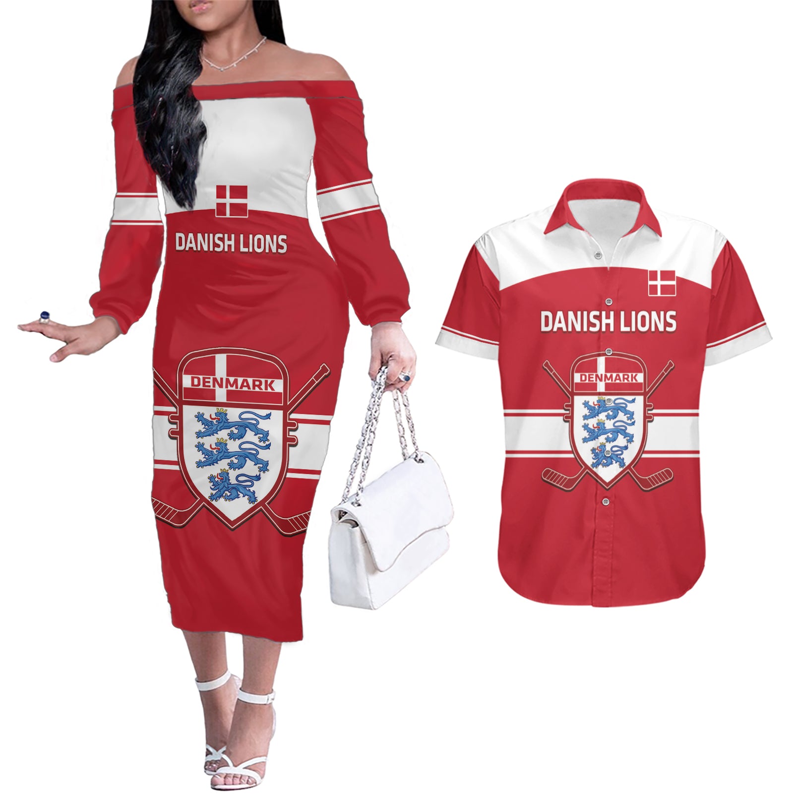 Custom Denmark Hockey Couples Matching Off The Shoulder Long Sleeve Dress and Hawaiian Shirt Go Danish Lions - Wonder Print Shop