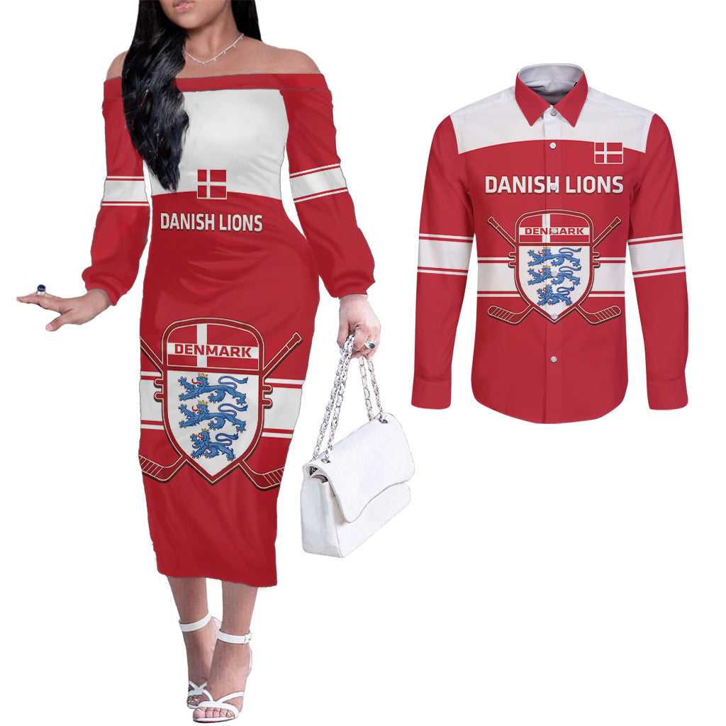 Custom Denmark Hockey Couples Matching Off The Shoulder Long Sleeve Dress and Long Sleeve Button Shirt Go Danish Lions