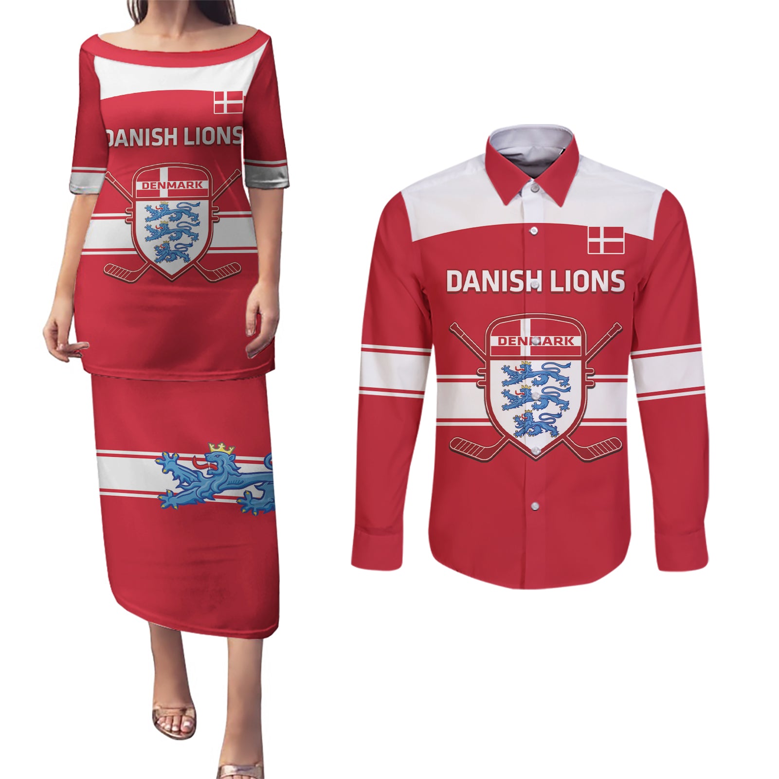 Custom Denmark Hockey Couples Matching Puletasi and Long Sleeve Button Shirt Go Danish Lions - Wonder Print Shop