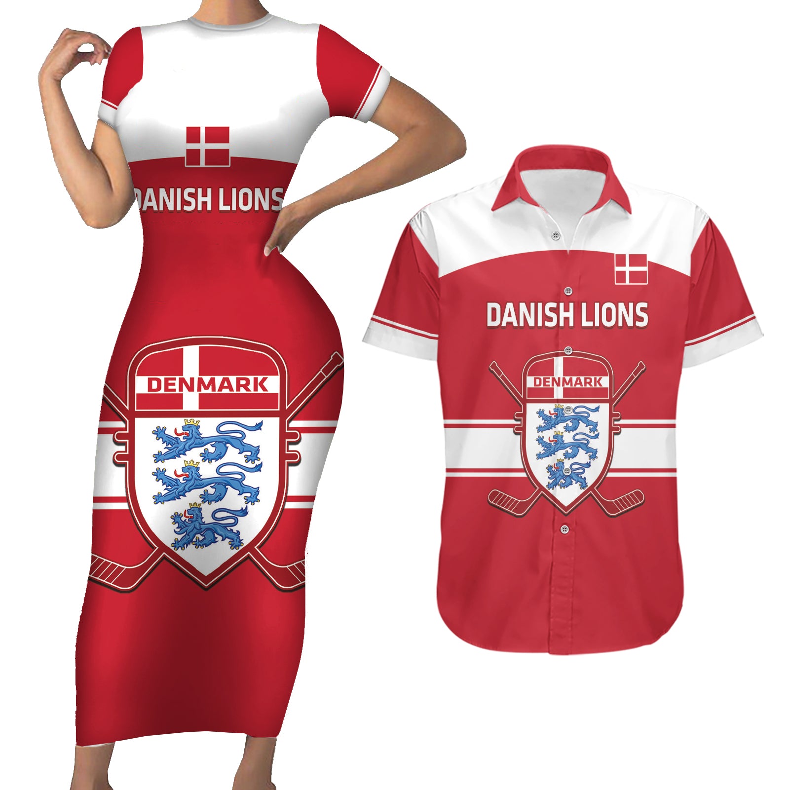 Custom Denmark Hockey Couples Matching Short Sleeve Bodycon Dress and Hawaiian Shirt Go Danish Lions - Wonder Print Shop