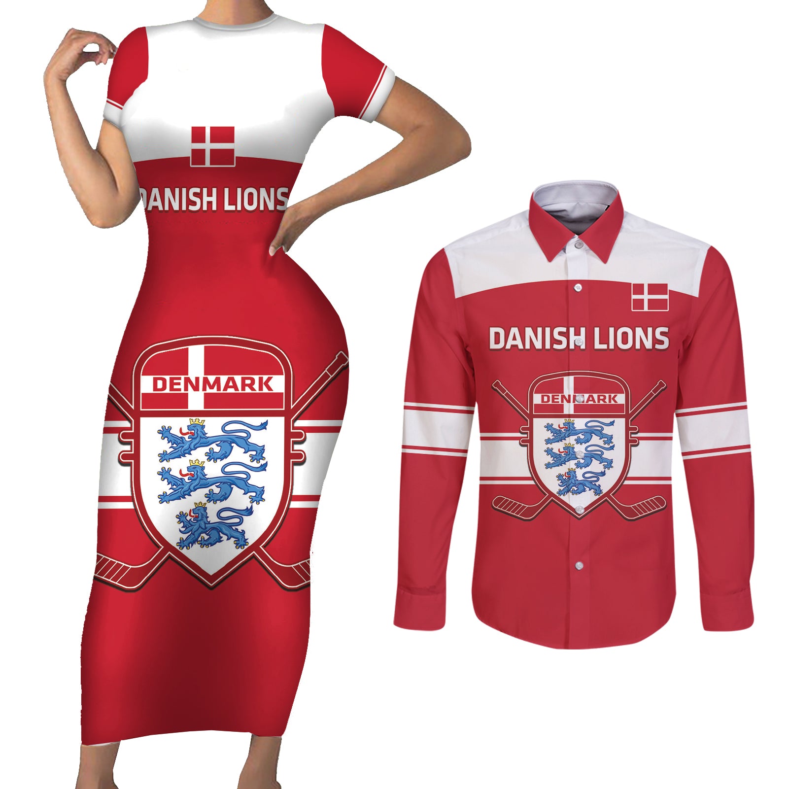 Custom Denmark Hockey Couples Matching Short Sleeve Bodycon Dress and Long Sleeve Button Shirt Go Danish Lions - Wonder Print Shop