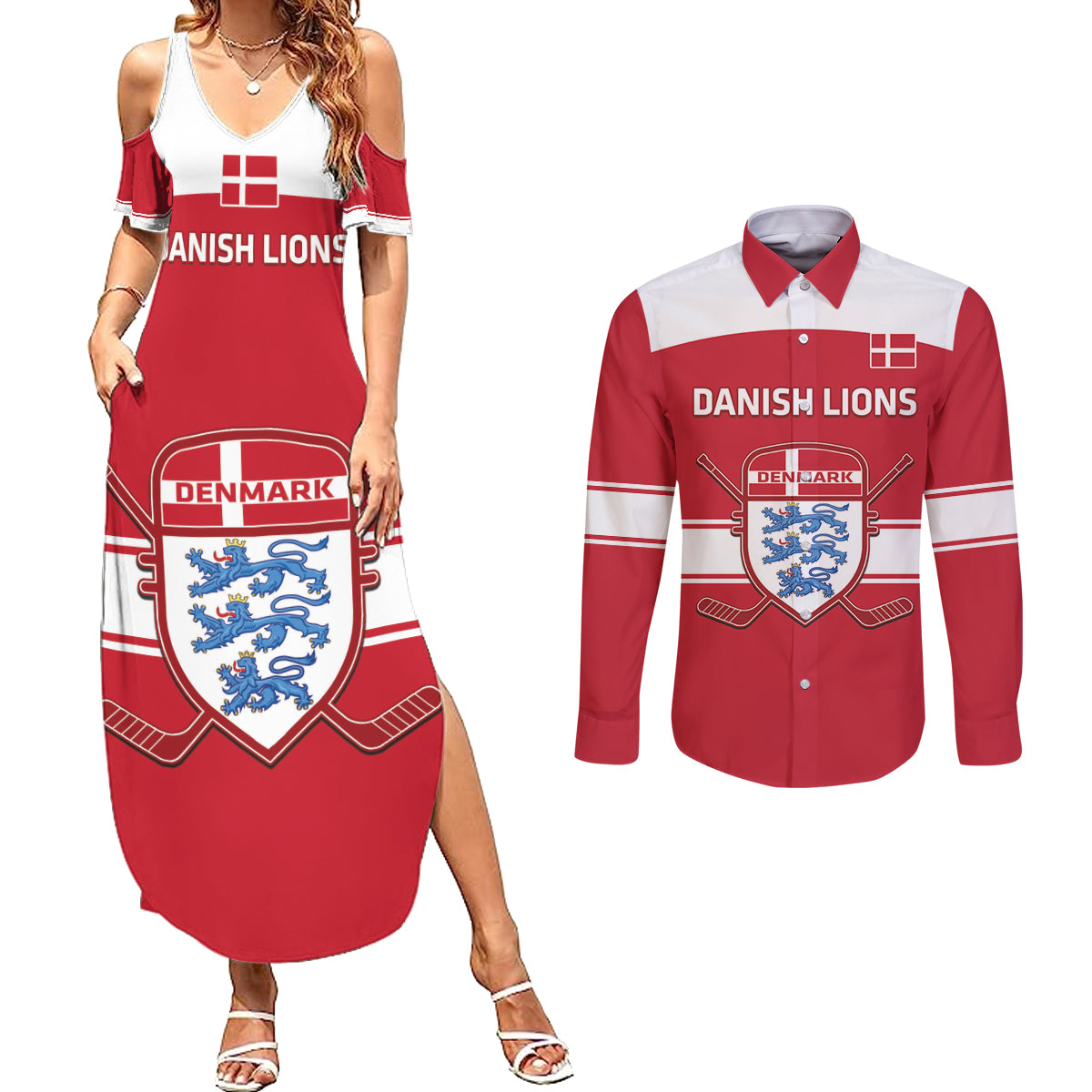 Custom Denmark Hockey Couples Matching Summer Maxi Dress and Long Sleeve Button Shirt Go Danish Lions - Wonder Print Shop