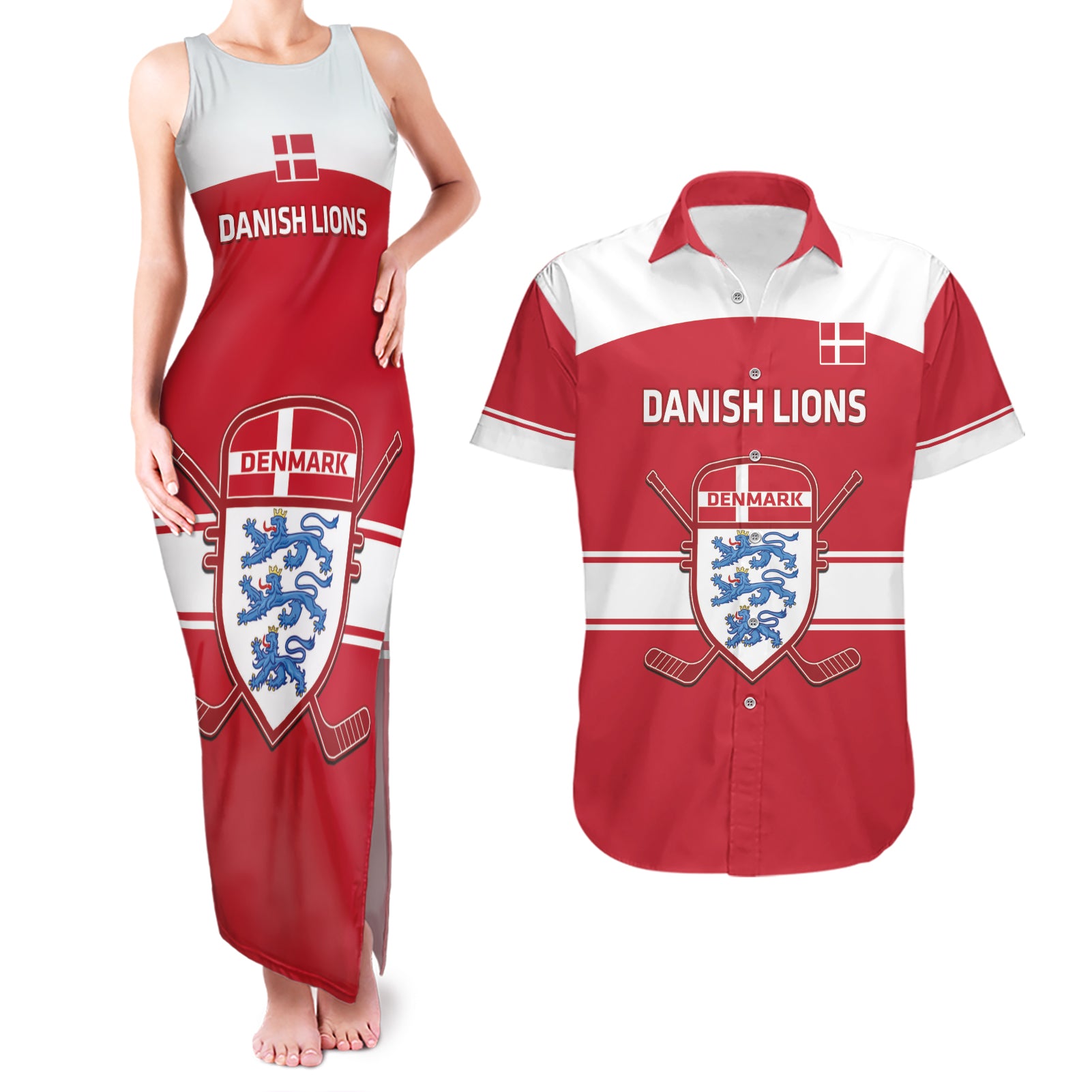 Custom Denmark Hockey Couples Matching Tank Maxi Dress and Hawaiian Shirt Go Danish Lions - Wonder Print Shop