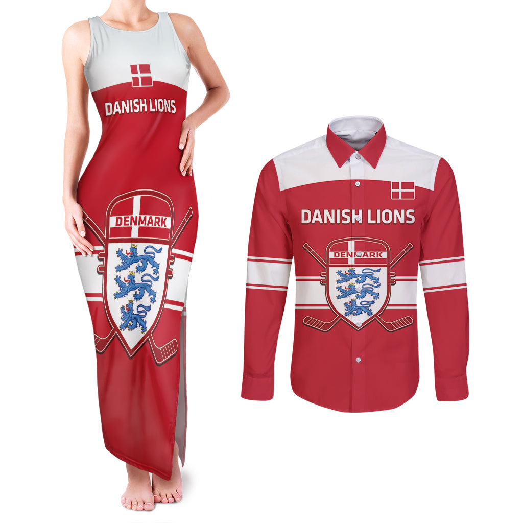 Custom Denmark Hockey Couples Matching Tank Maxi Dress and Long Sleeve Button Shirt Go Danish Lions - Wonder Print Shop