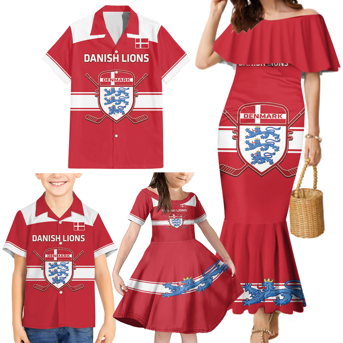 Custom Denmark Hockey Family Matching Mermaid Dress and Hawaiian Shirt Go Danish Lions - Wonder Print Shop