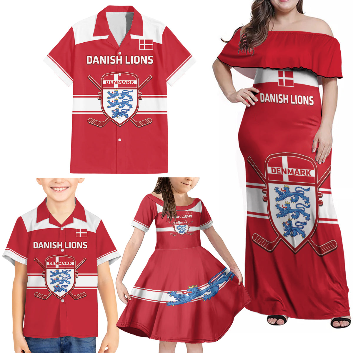 Custom Denmark Hockey Family Matching Off Shoulder Maxi Dress and Hawaiian Shirt Go Danish Lions - Wonder Print Shop