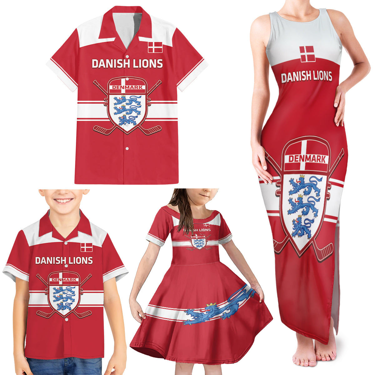 Custom Denmark Hockey Family Matching Tank Maxi Dress and Hawaiian Shirt Go Danish Lions - Wonder Print Shop