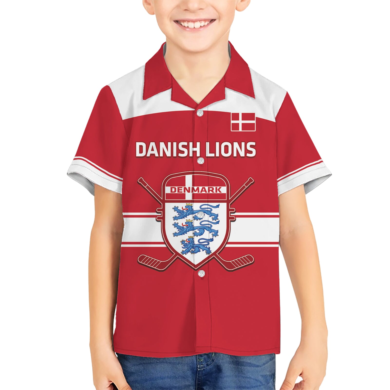 Custom Denmark Hockey Kid Hawaiian Shirt Go Danish Lions - Wonder Print Shop