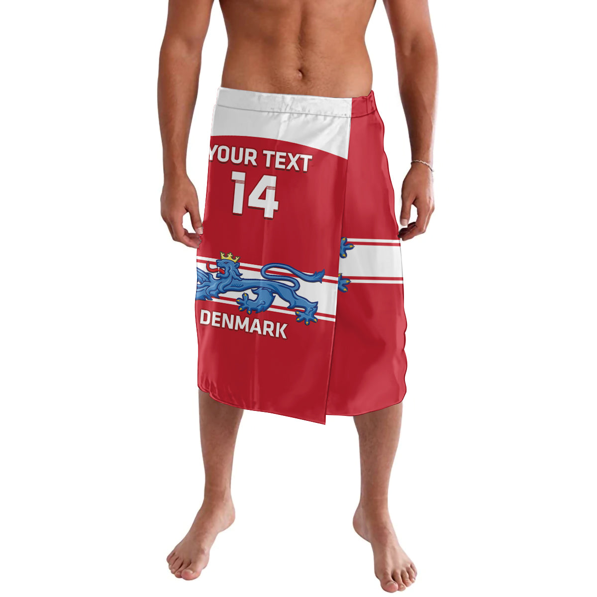 Red hockey-style shorts with white waistband, blue lion graphic and number 14