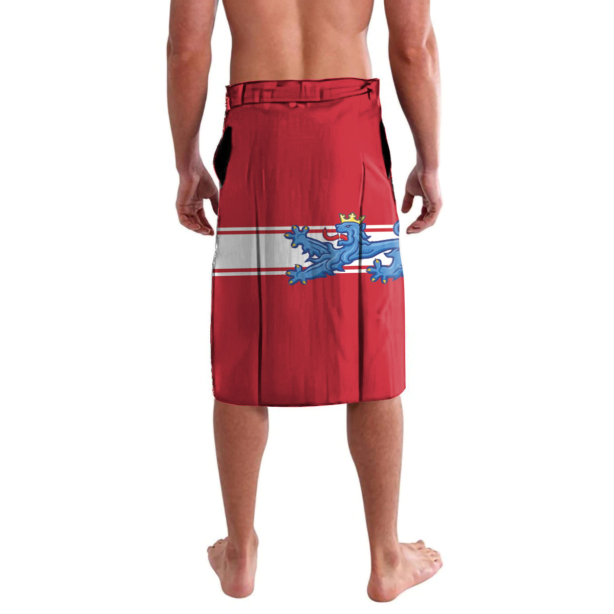 Red hockey-style shorts with black elastic waistband and blue lion crest across back