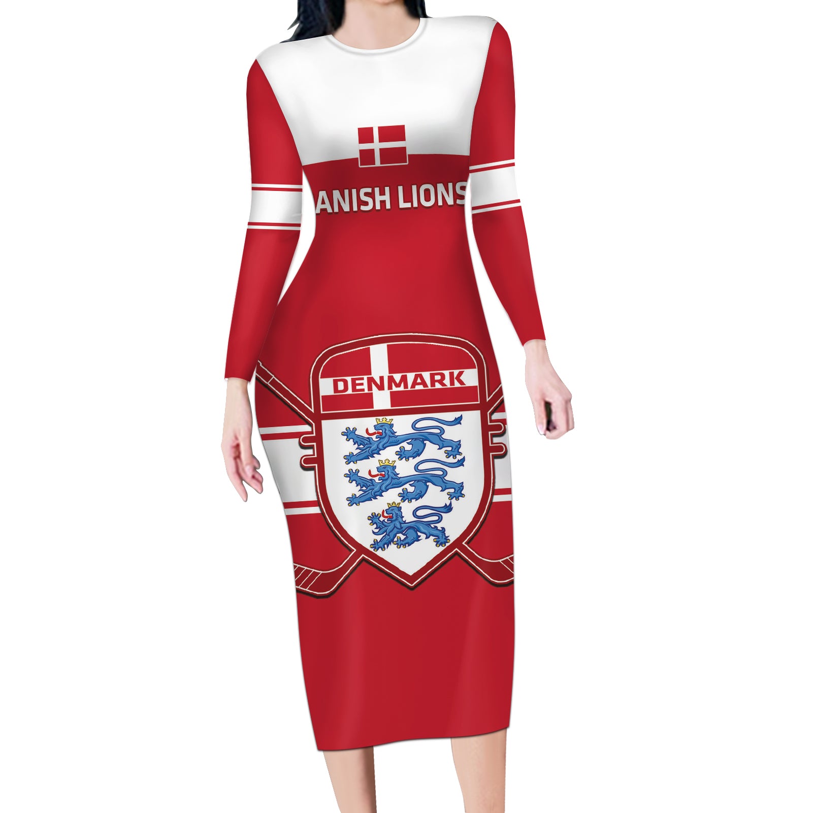 Custom Denmark Hockey Long Sleeve Bodycon Dress Go Danish Lions - Wonder Print Shop