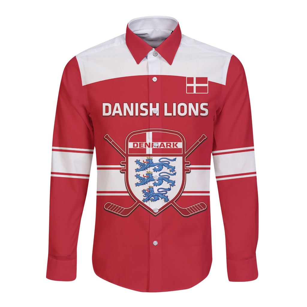 Custom Denmark Hockey Long Sleeve Button Shirt Go Danish Lions - Wonder Print Shop