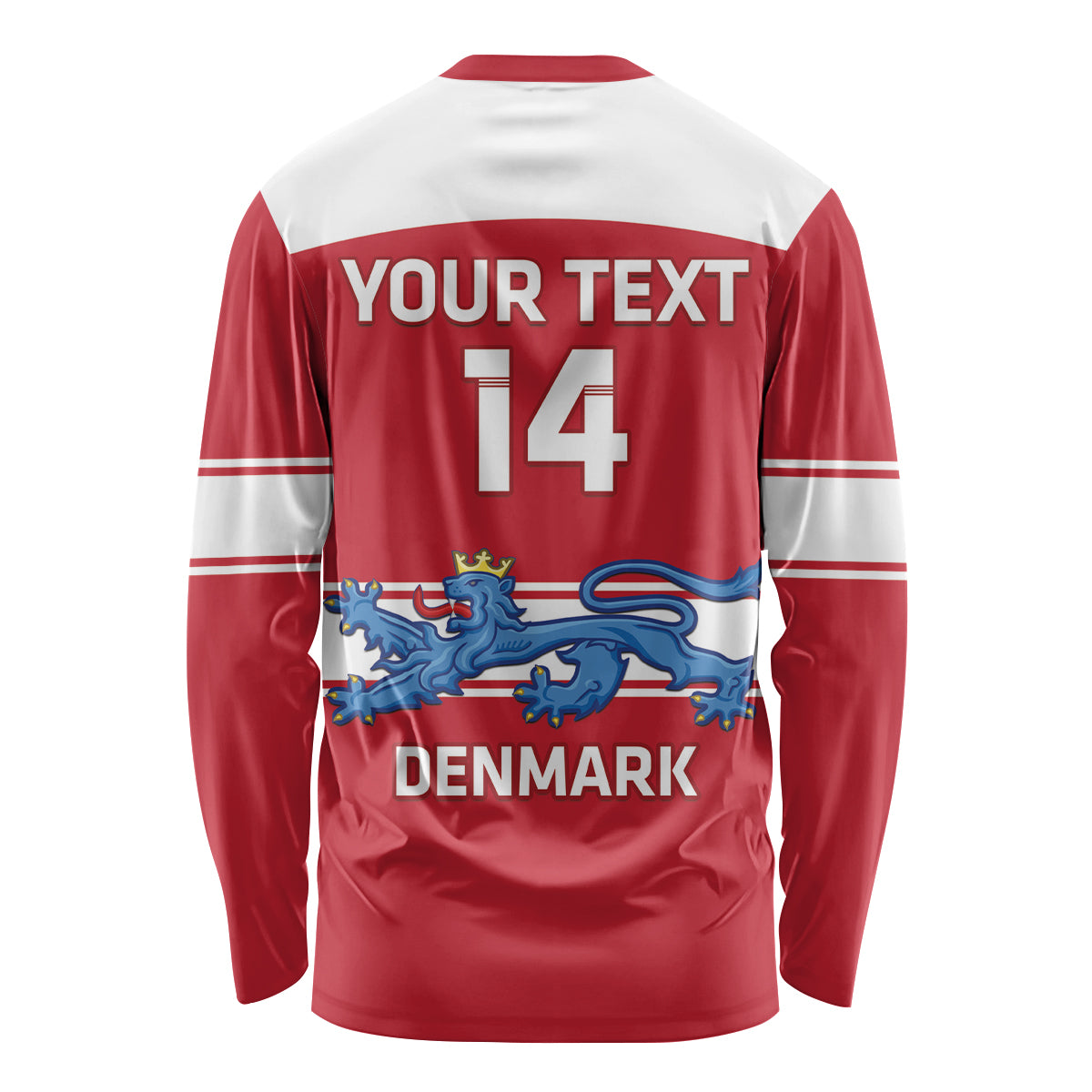 Red unisex hockey long-sleeve shirt with YOUR TEXT and 14 on back, Denmark graphics