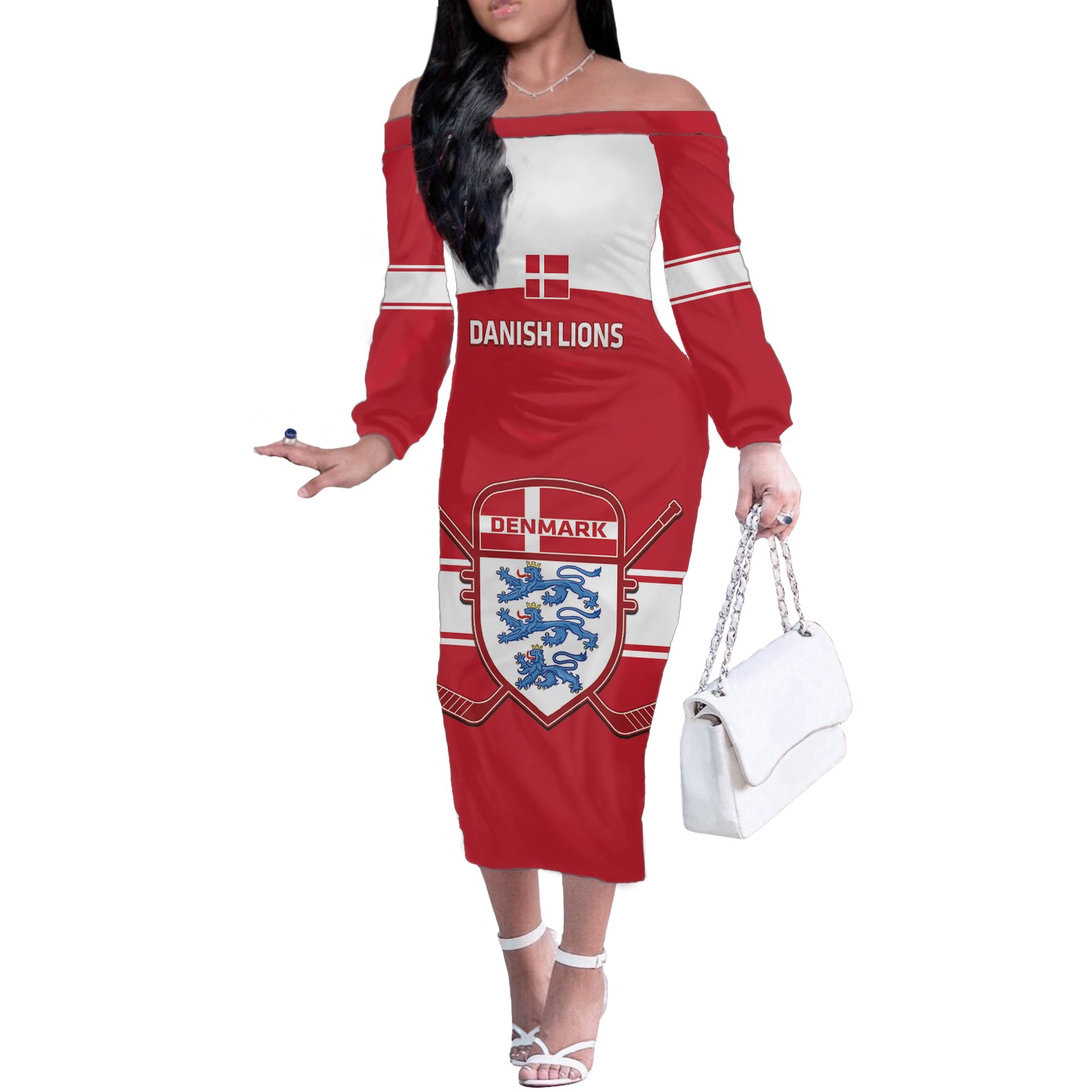 Custom Denmark Hockey Off The Shoulder Long Sleeve Dress Go Danish Lions - Wonder Print Shop