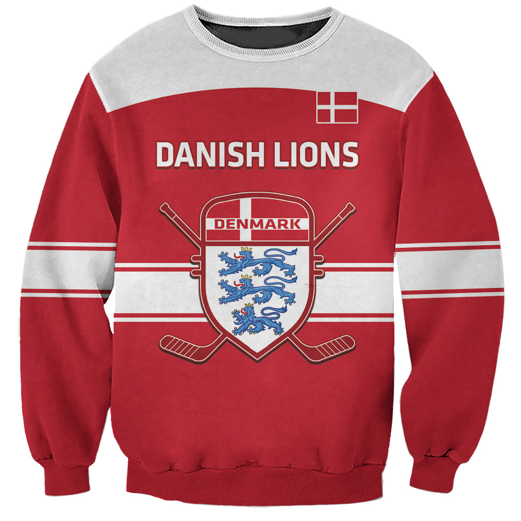 Red and gray hockey sweatshirt with Danish Lions crest and text, crewneck, long sleeves