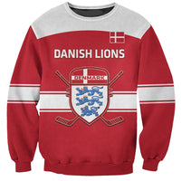 Red and gray hockey sweatshirt with Danish Lions crest and text, crewneck, long sleeves