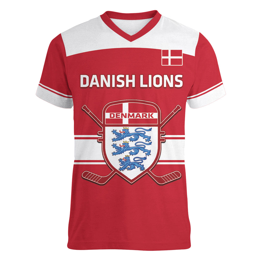 Custom Denmark Hockey Women V-Neck T-Shirt Go Danish Lions