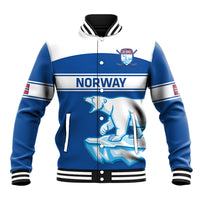 Blue and white Norway hockey baseball jacket with snap front, ribbed collar, crest graphic