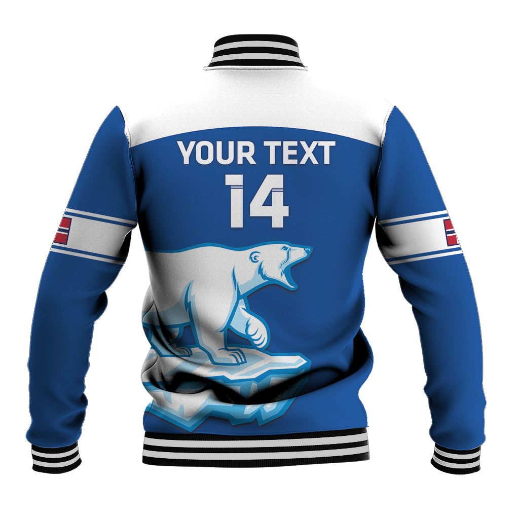 Blue and white hockey baseball jacket back, ribbed collar, Your Text 14 graphic