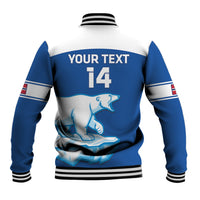 Blue and white hockey baseball jacket back, ribbed collar, Your Text 14 graphic