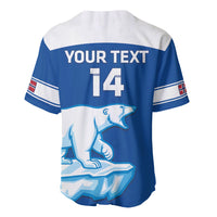 Blue and white hockey baseball jersey back with “YOUR TEXT” and number 14