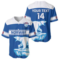 Blue and white Norway hockey baseball jersey: front crest, back “YOUR TEXT” 14