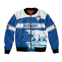 Blue and white hockey bomber jacket with full-zip front, Norway graphic, ribbed hem