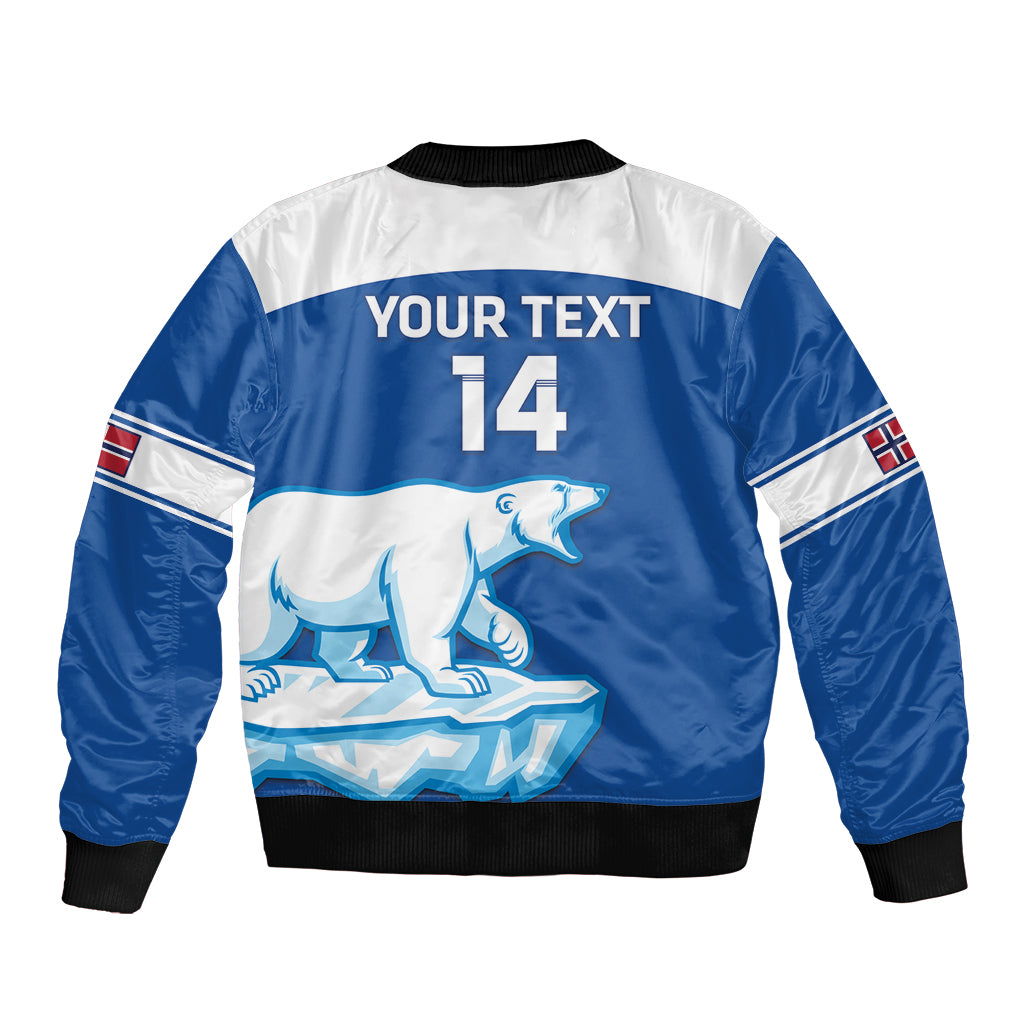 Blue and white hockey bomber jacket back with 'YOUR TEXT' and 14 graphic, ribbed cuffs
