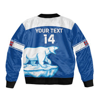 Blue and white hockey bomber jacket back with 'YOUR TEXT' and 14 graphic, ribbed cuffs