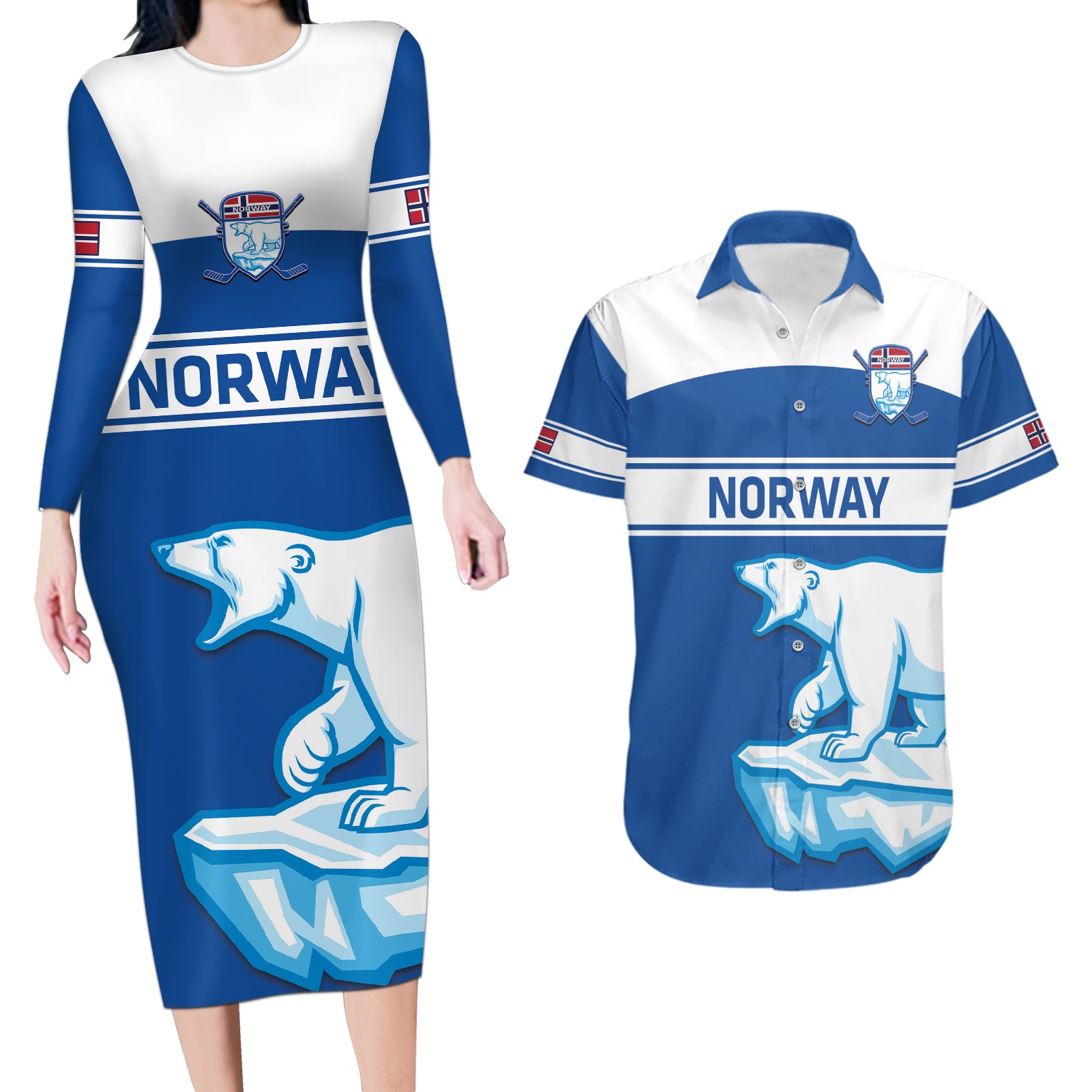 Custom Norway Hockey Couples Matching Long Sleeve Bodycon Dress and Hawaiian Shirt Go Norge Polar - Wonder Print Shop